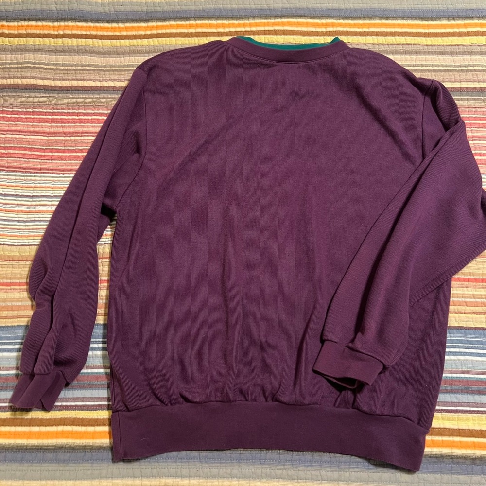 KORET Womens Purple Emerald Green‎ Trim Embroidered Leaf Floral Sweatshirt Large - Picture 4 of 6